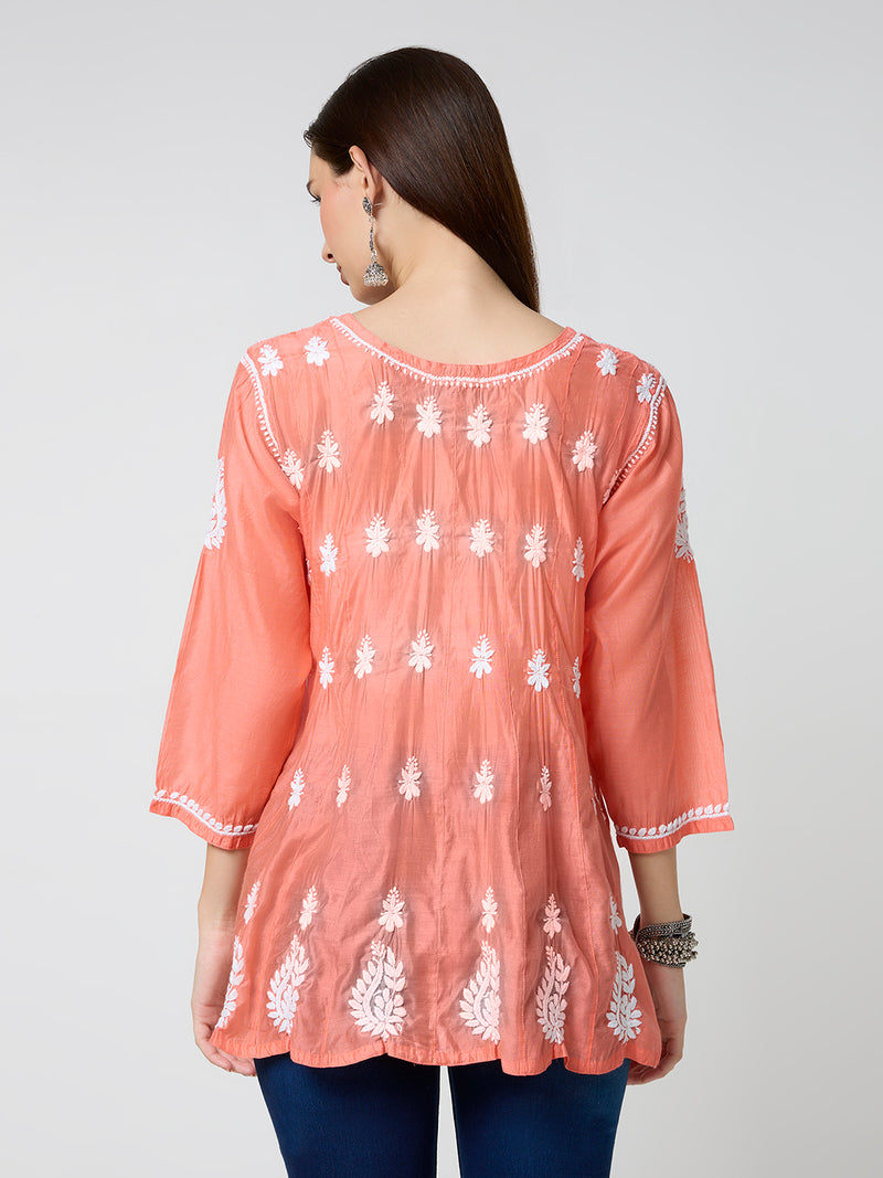 Chanderi Chikankari Solid Women's Short Kurta - Orange