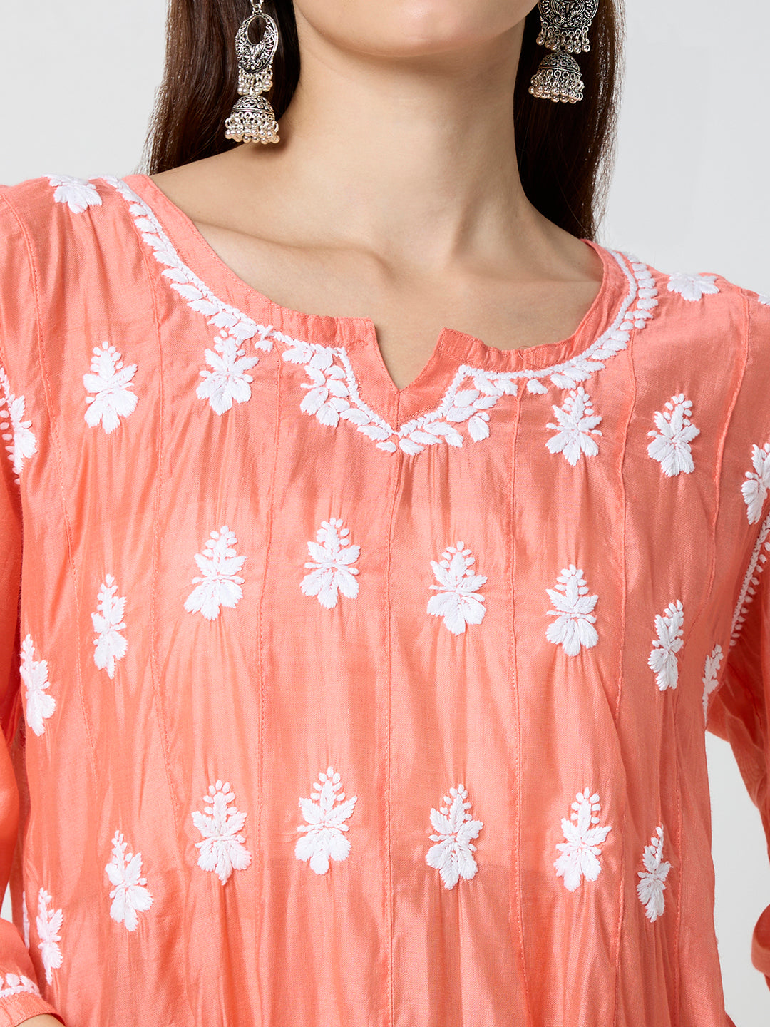 Chanderi Chikankari Solid Women's Short Kurta - Orange