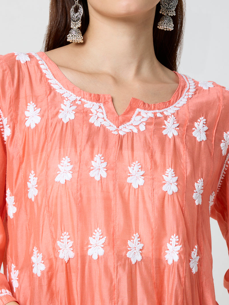 Chanderi Chikankari Solid Women's Short Kurta - Orange