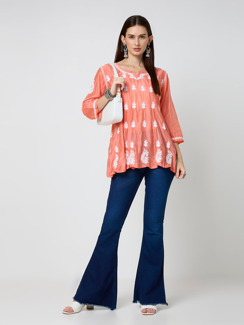 Chanderi Chikankari Solid Women's Short Kurta - Orange