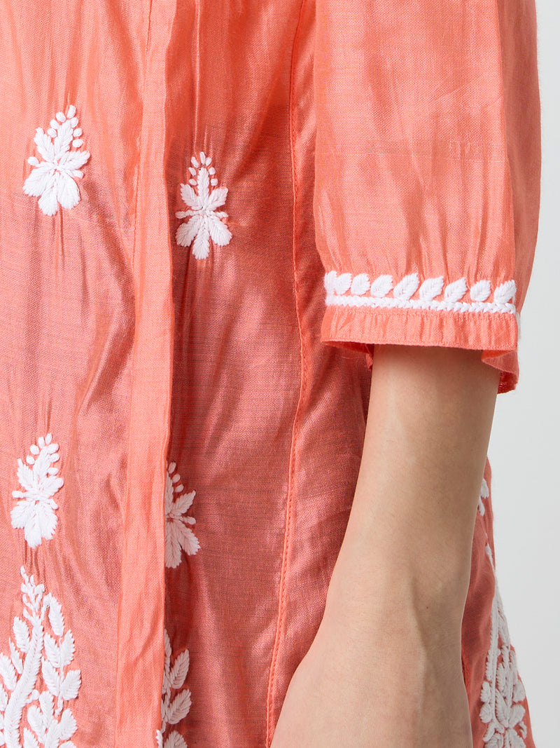 Chanderi Chikankari Solid Women's Short Kurta - Orange