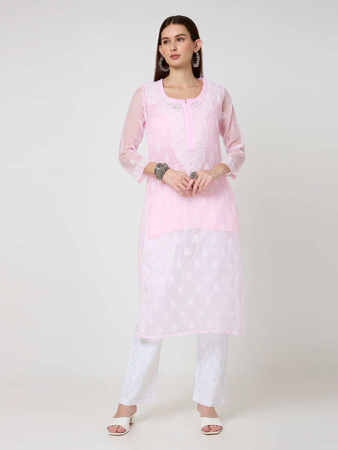 Georgette Chikankari Long Kurta With Slip - Pink