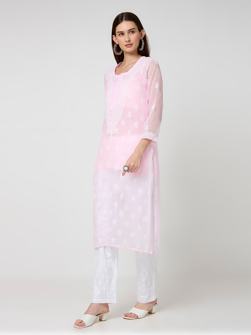 Georgette Chikankari Long Kurta With Slip - Pink