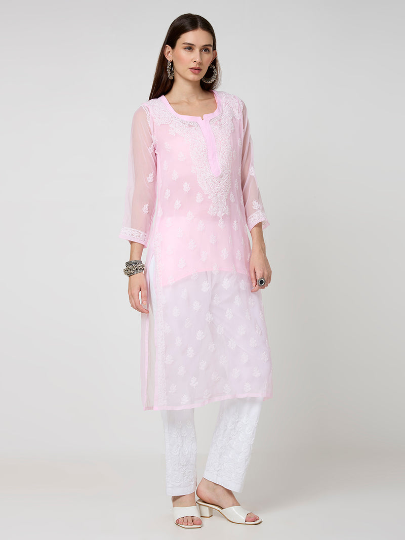 Georgette Chikankari Long Kurta With Slip - Pink