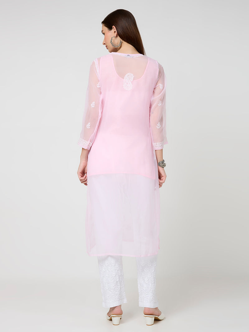 Georgette Chikankari Long Kurta With Slip - Pink