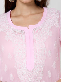 Georgette Chikankari Long Kurta With Slip - Pink
