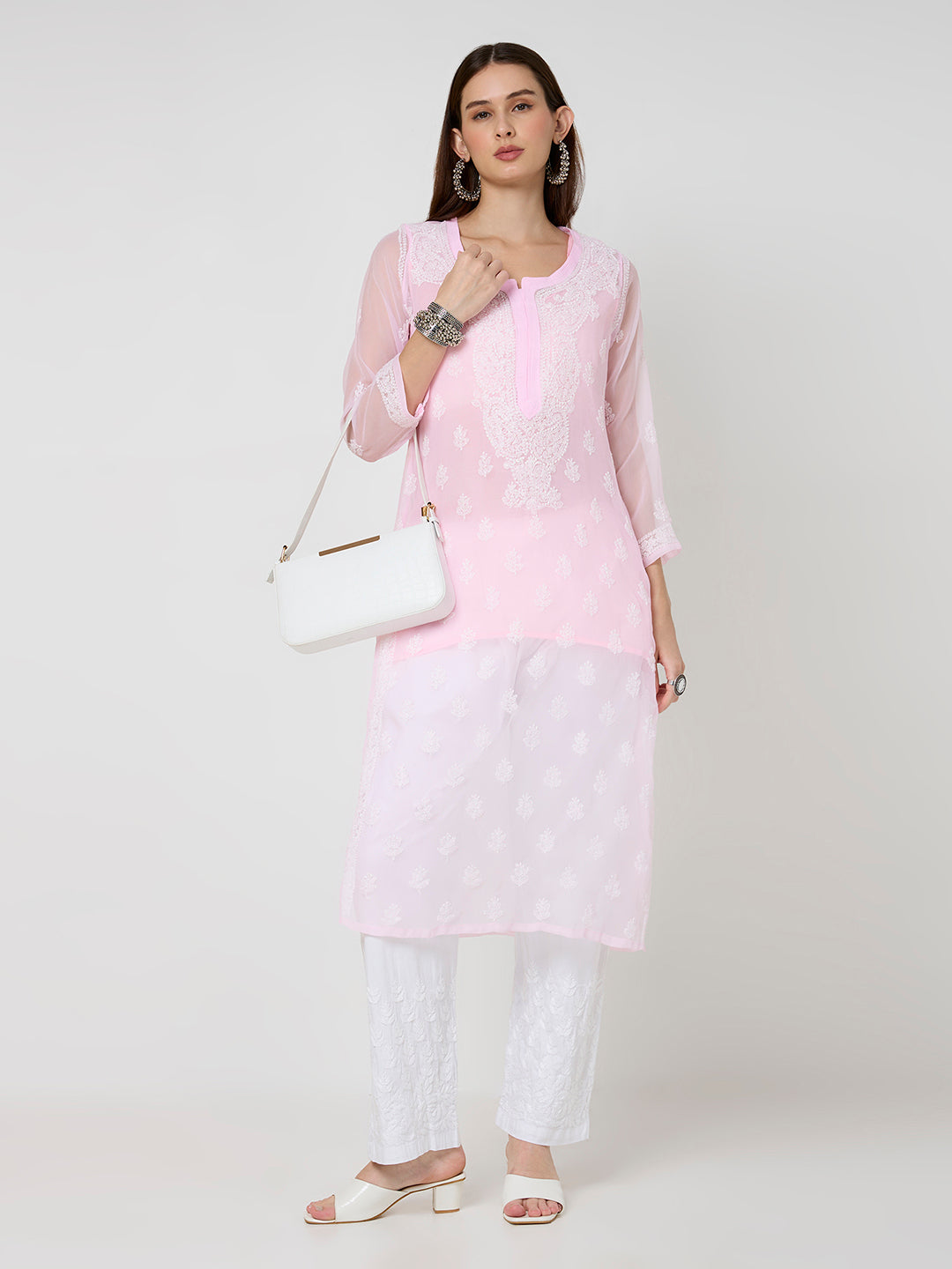 Georgette Chikankari Long Kurta With Slip - Pink