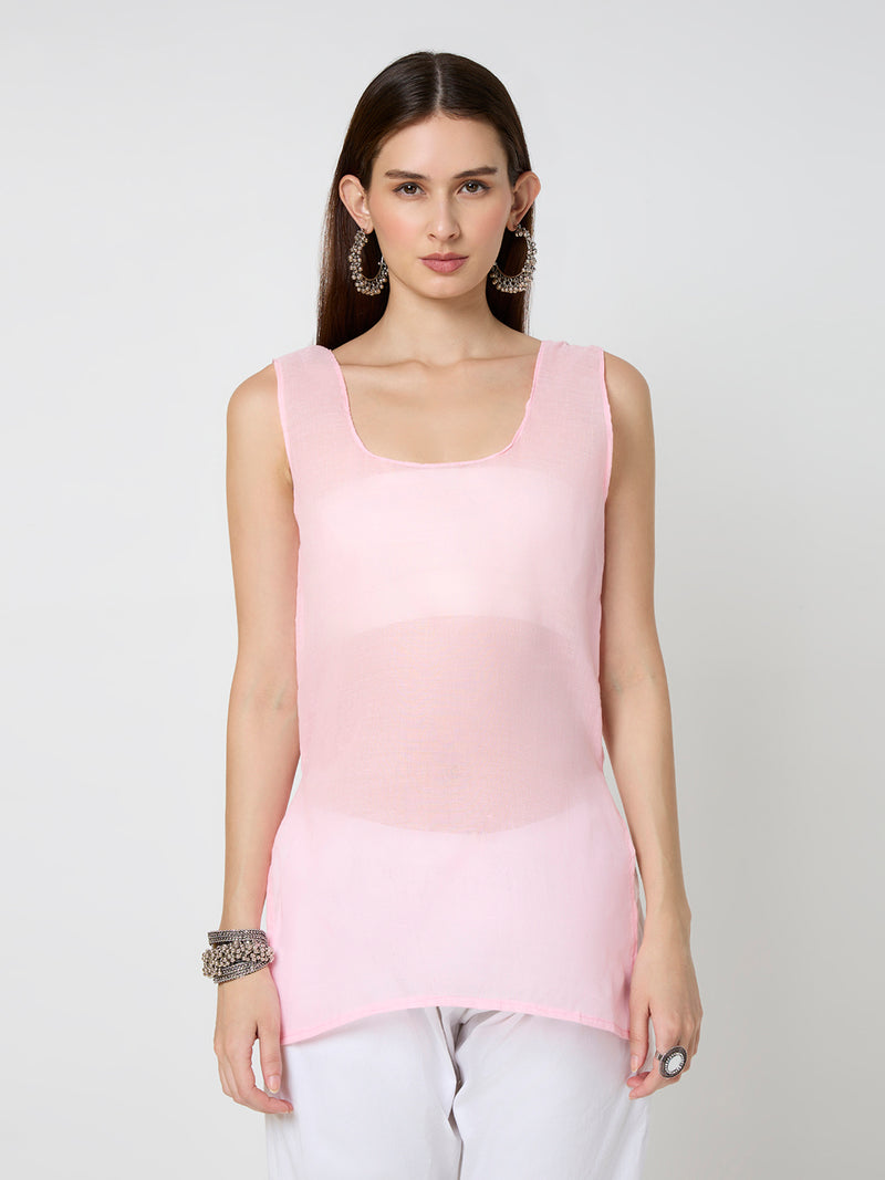 Georgette Chikankari Long Kurta With Slip - Pink