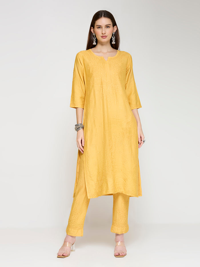 Chanderi Cordset Chikankari - Mustard