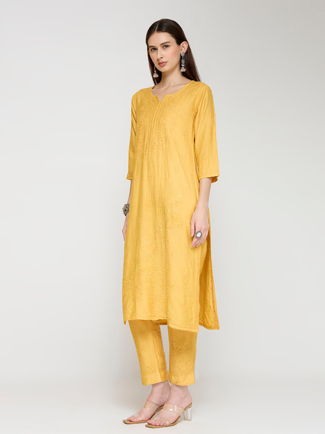 Chanderi Cordset Chikankari - Mustard
