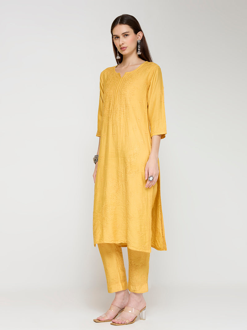 Chanderi Cordset Chikankari - Mustard
