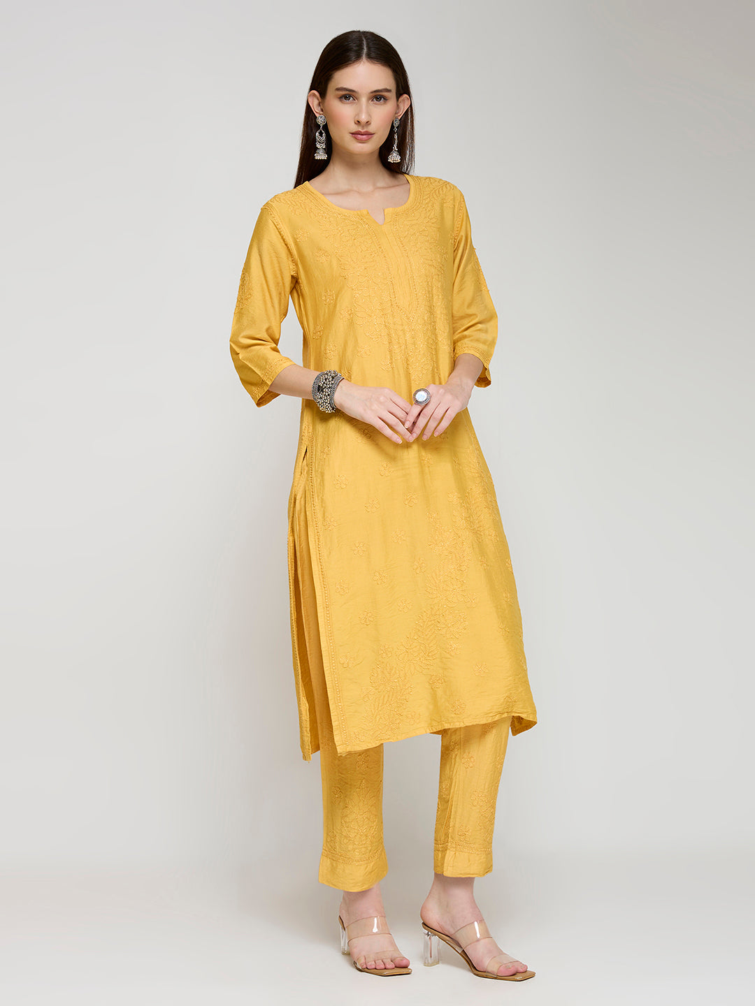 Chanderi Cordset Chikankari - Mustard