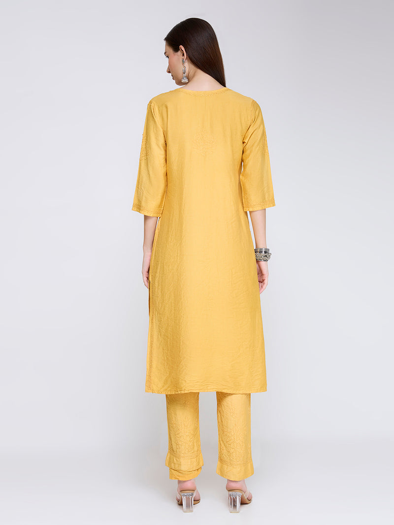 Chanderi Cordset Chikankari - Mustard