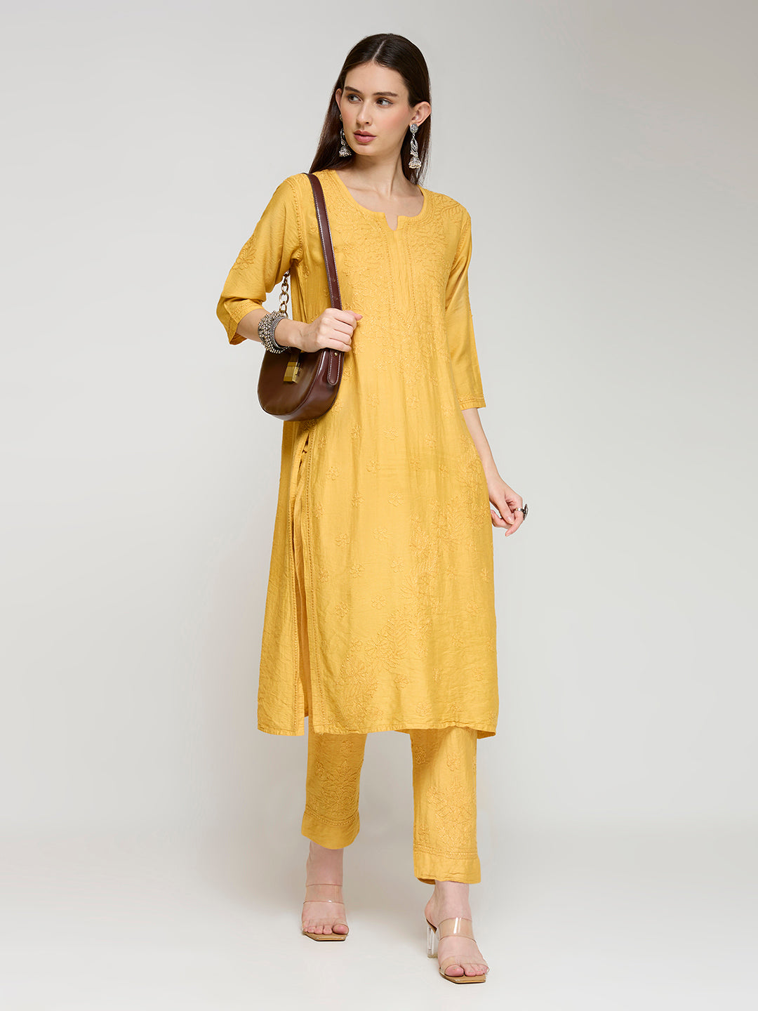 Chanderi Cordset Chikankari - Mustard