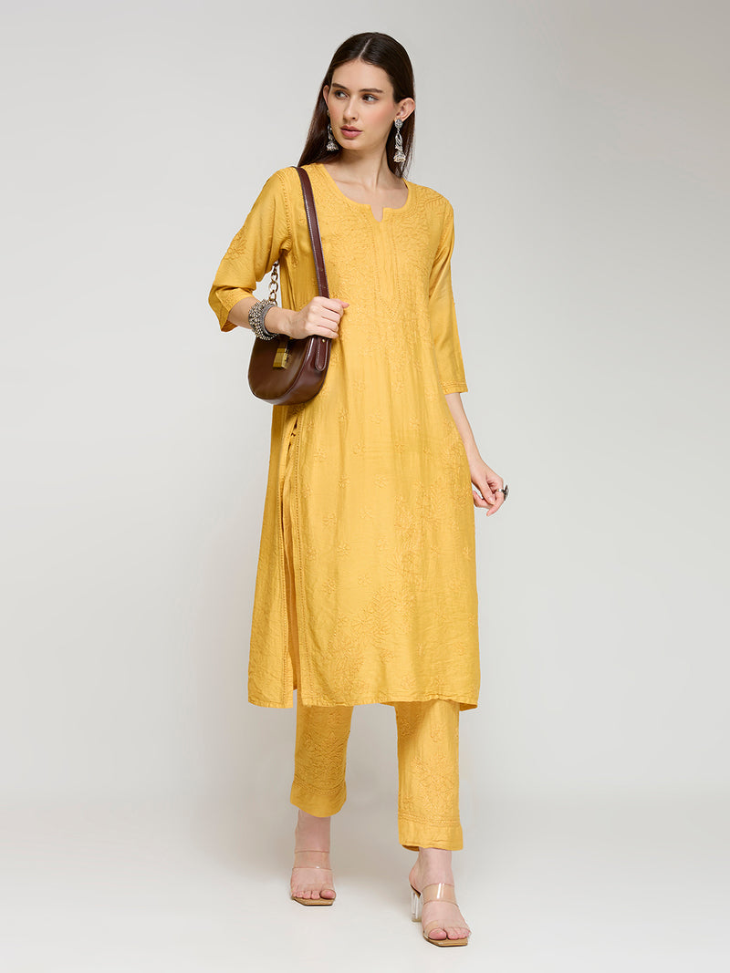 Chanderi Cordset Chikankari - Mustard