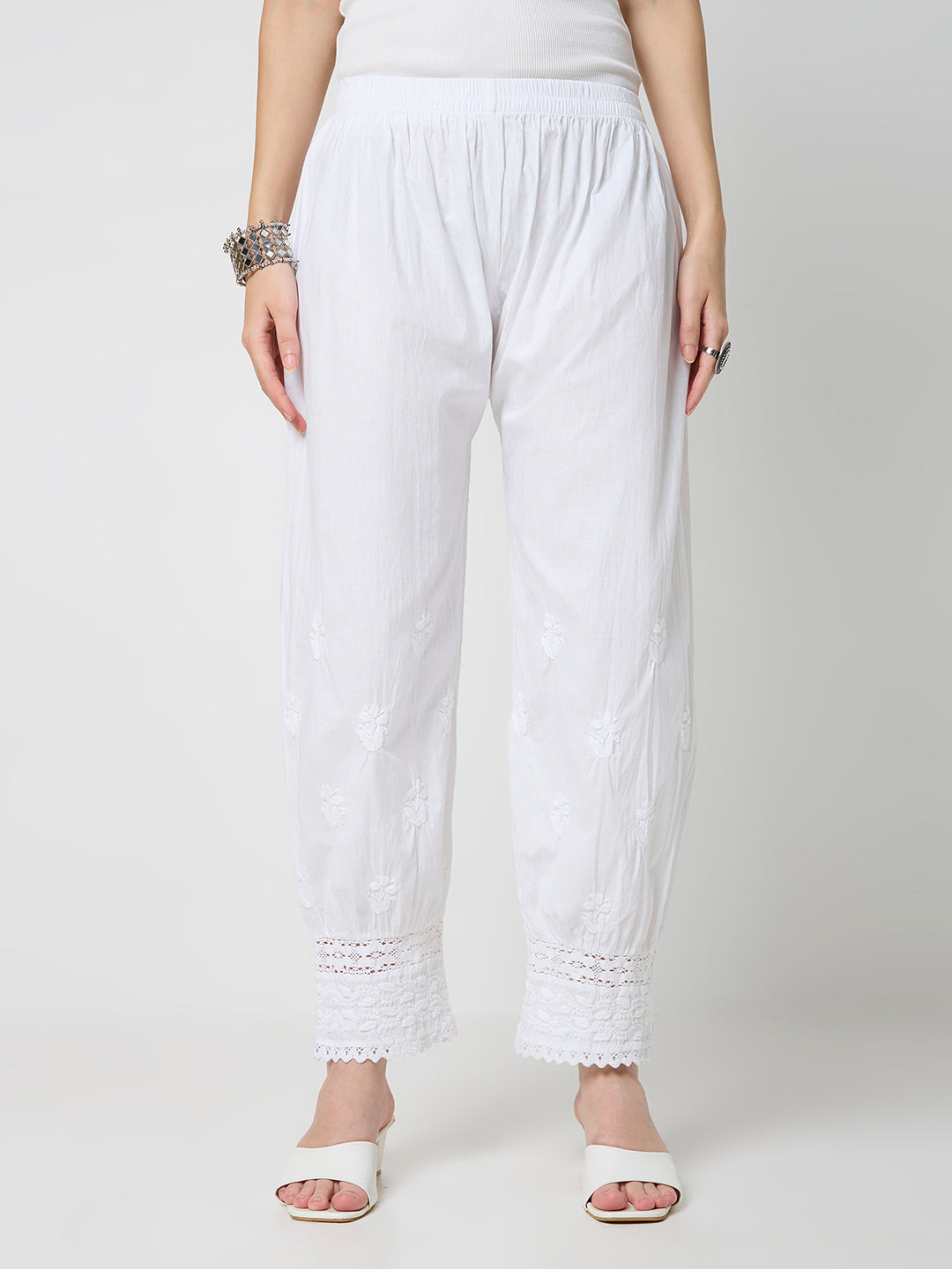 Afghani Chikankari Solid Women's Palazzo - White