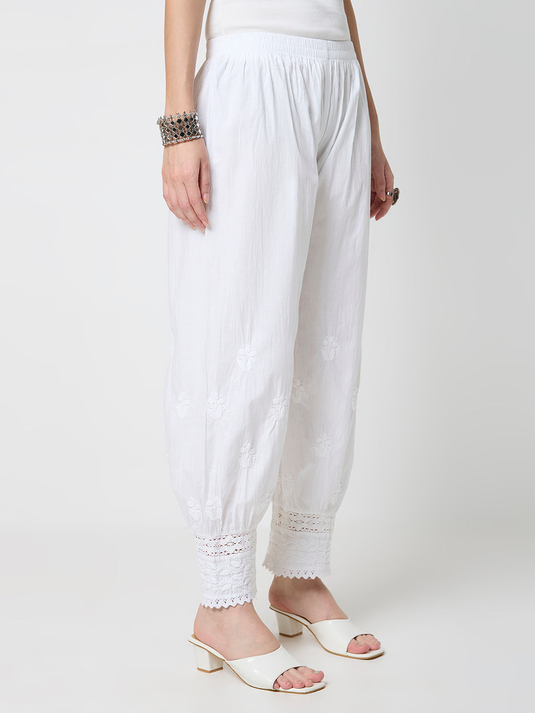 Afghani Chikankari Solid Women's Palazzo - White