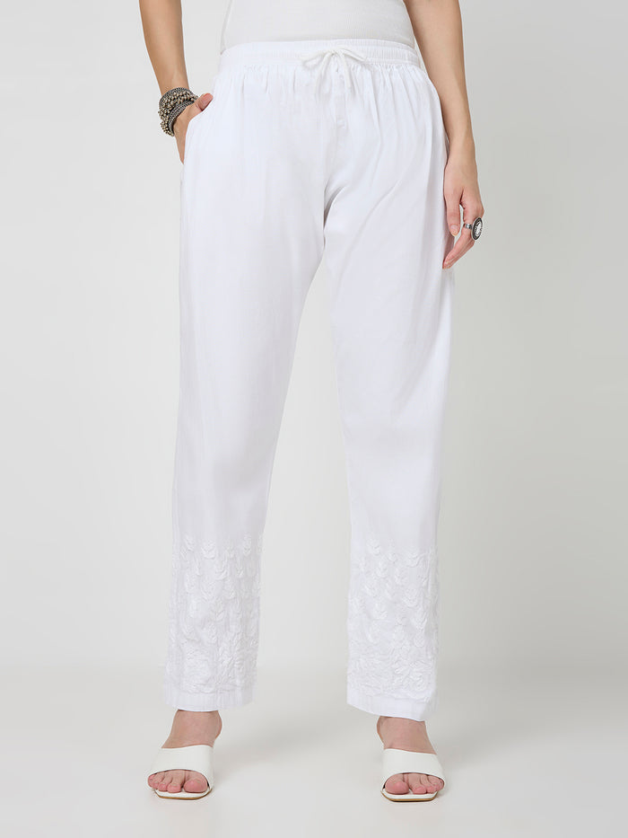 Rayon Chikankari Solid Women's Palazzo - White