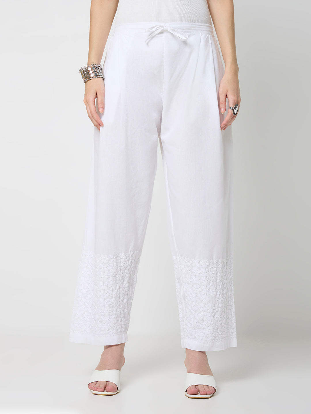 Cotton Chikankari Solid Women's Palazzo - White