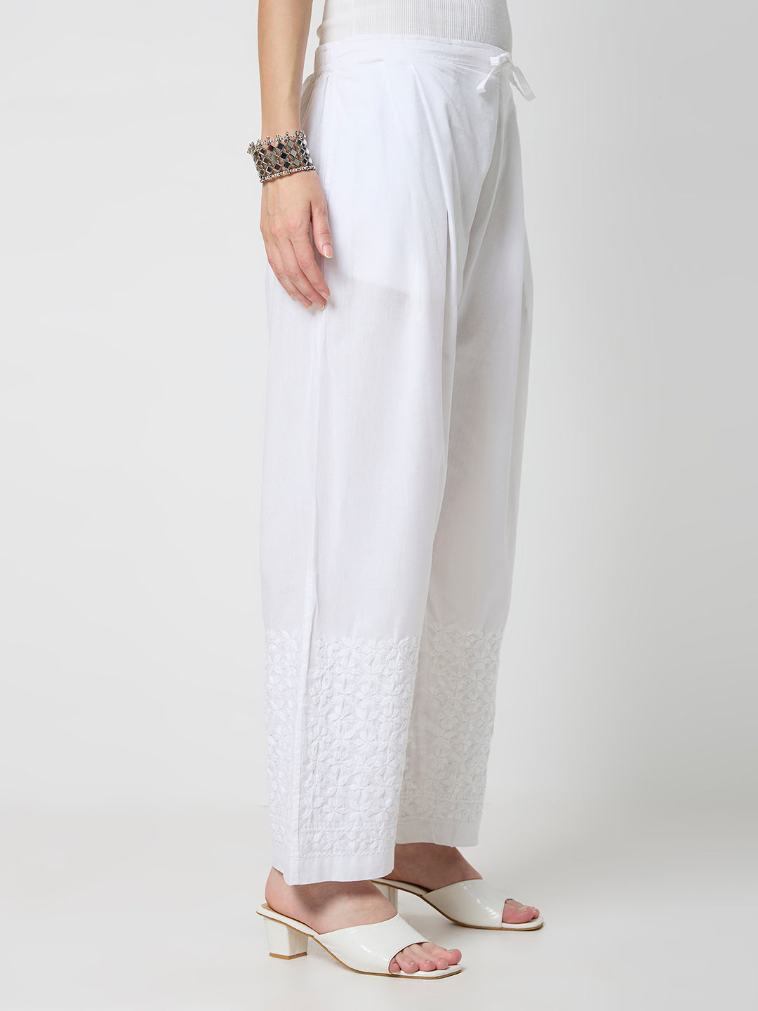 Cotton Chikankari Solid Women's Palazzo - White