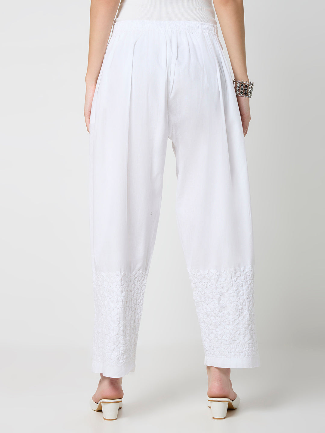 Cotton Chikankari Solid Women's Palazzo - White