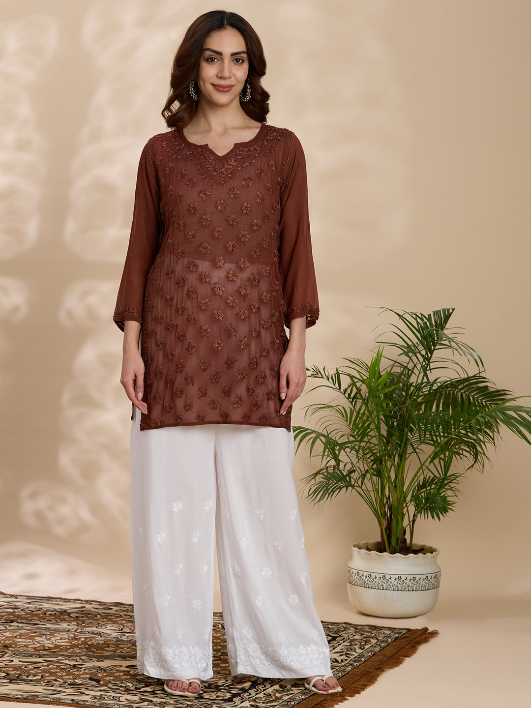 Viscose Georgette Solid Women’s Short Kurta – Brown