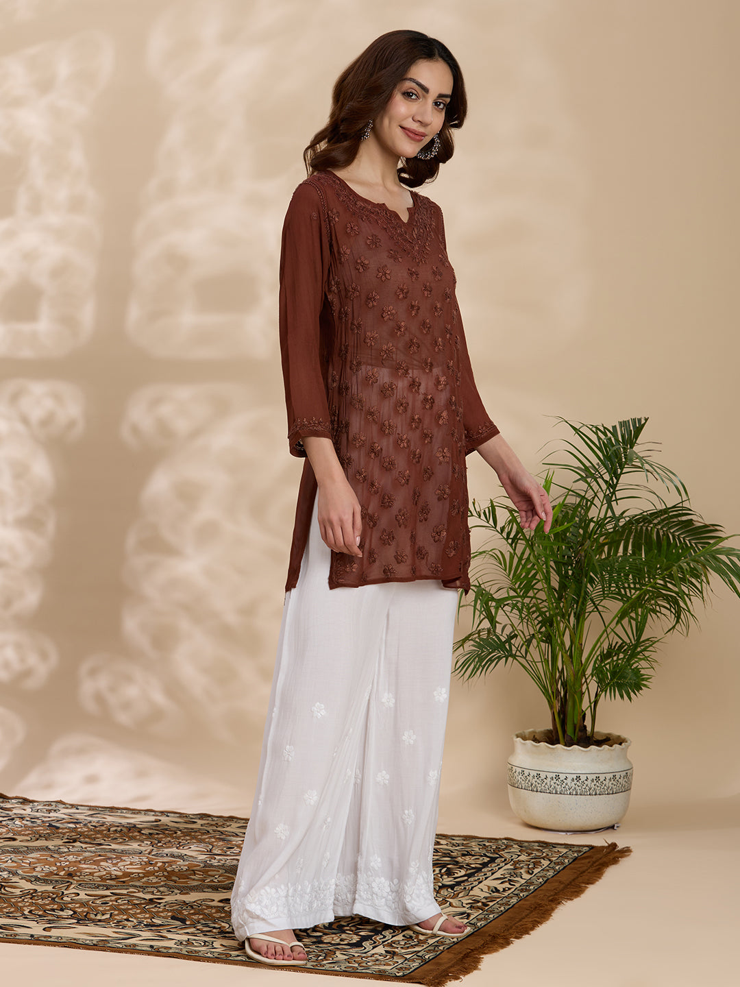 Viscose Georgette Solid Women’s Short Kurta – Brown