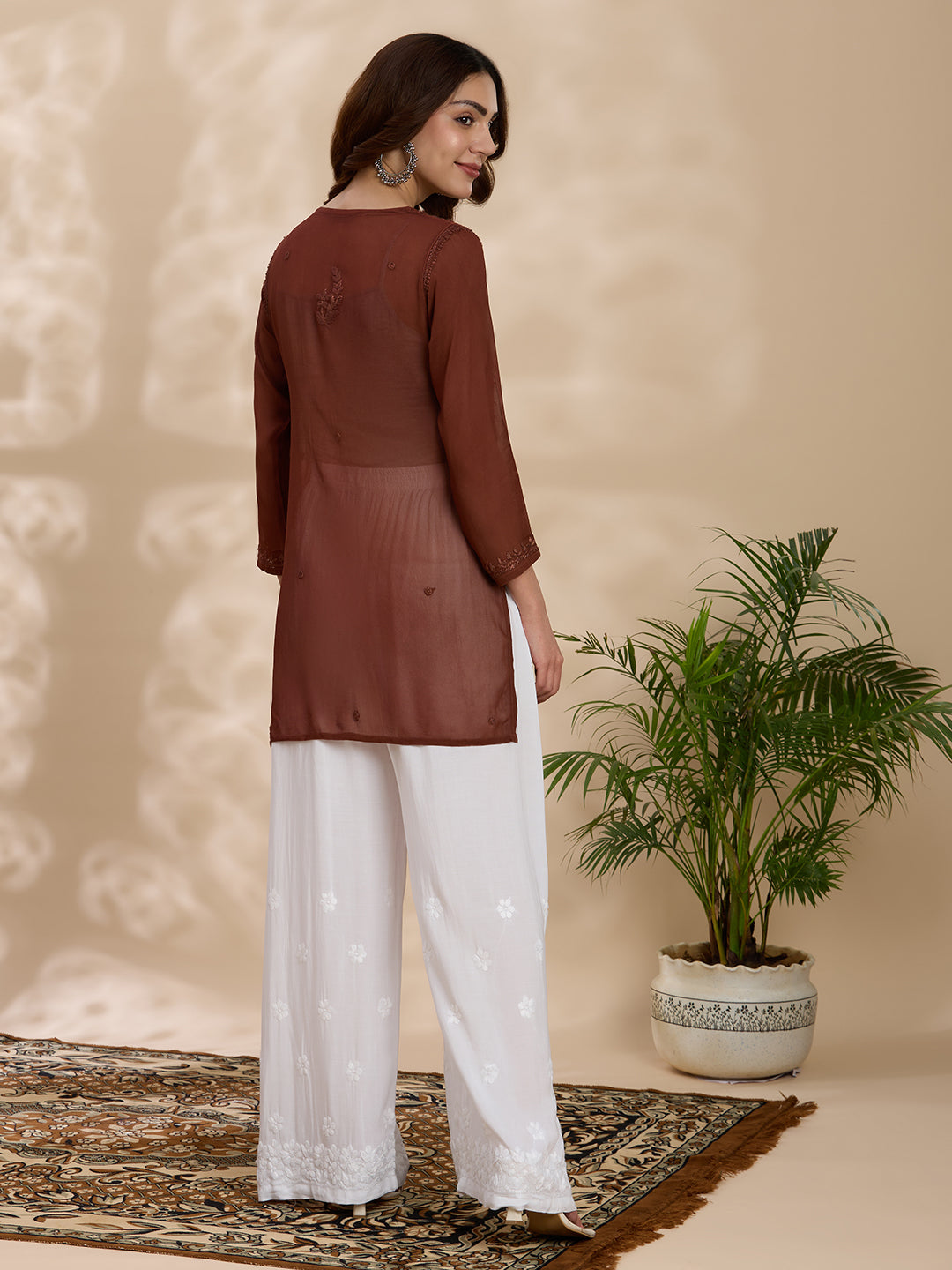 Viscose Georgette Solid Women’s Short Kurta – Brown
