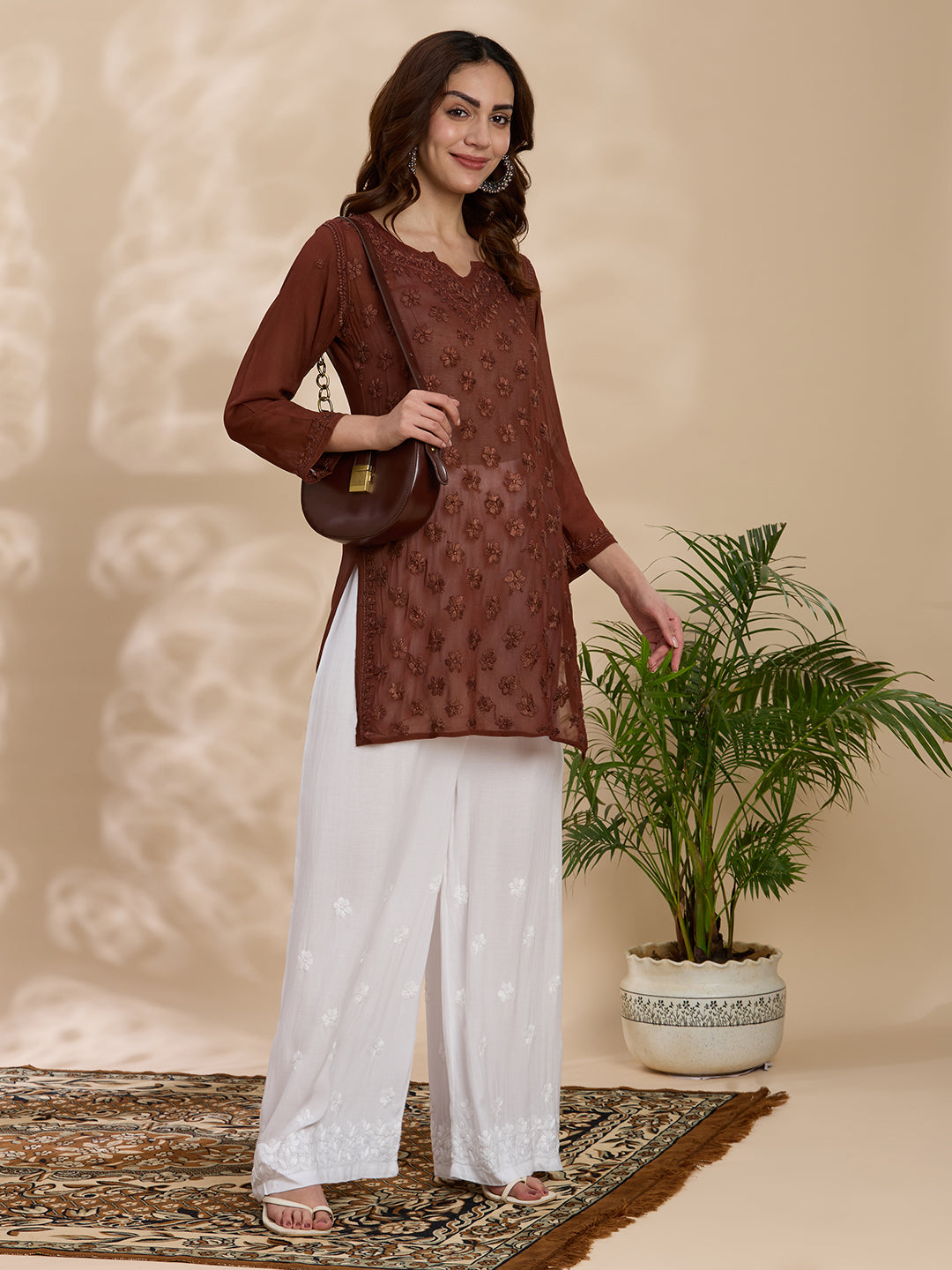 Viscose Georgette Solid Women’s Short Kurta – Brown