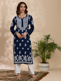 Rayon Chikankari Solid Women's Long Kurta - Navy Blue
