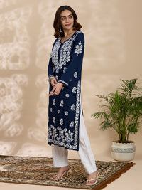 Rayon Chikankari Solid Women's Long Kurta - Navy Blue