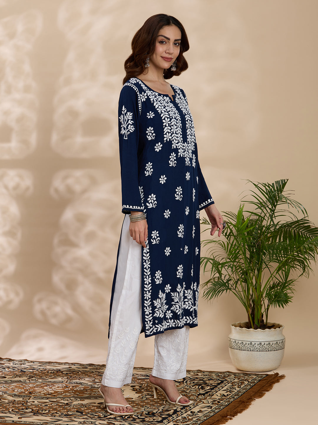 Rayon Chikankari Solid Women's Long Kurta - Navy Blue