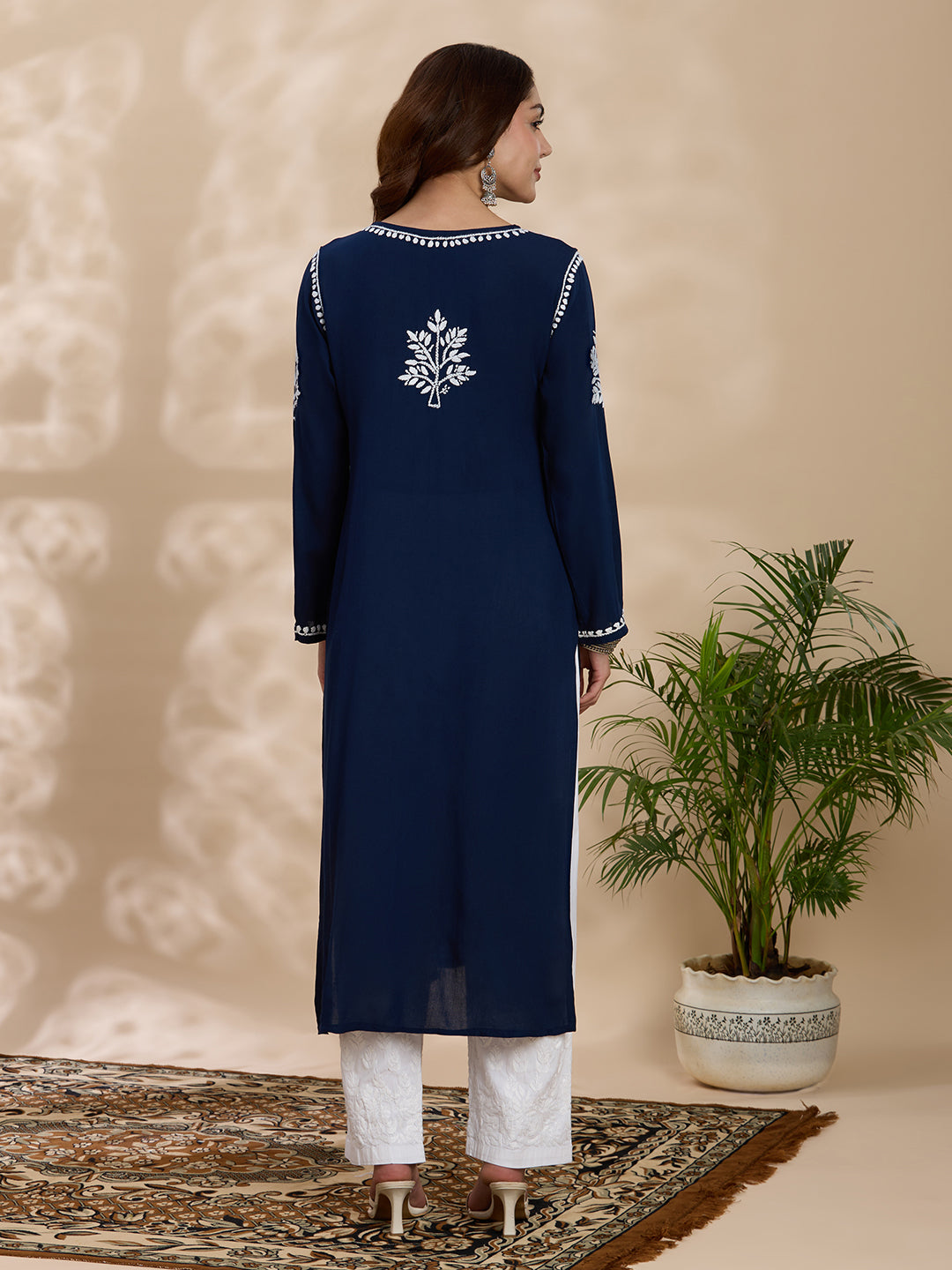 Rayon Chikankari Solid Women's Long Kurta - Navy Blue