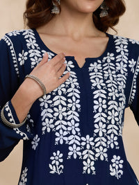 Rayon Chikankari Solid Women's Long Kurta - Navy Blue