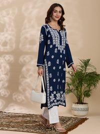 Rayon Chikankari Solid Women's Long Kurta - Navy Blue