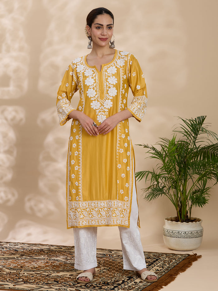 Chanderi Chikankari Solid Women's Long Kurta - Mustard