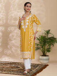 Chanderi Chikankari Solid Women's Long Kurta - Mustard