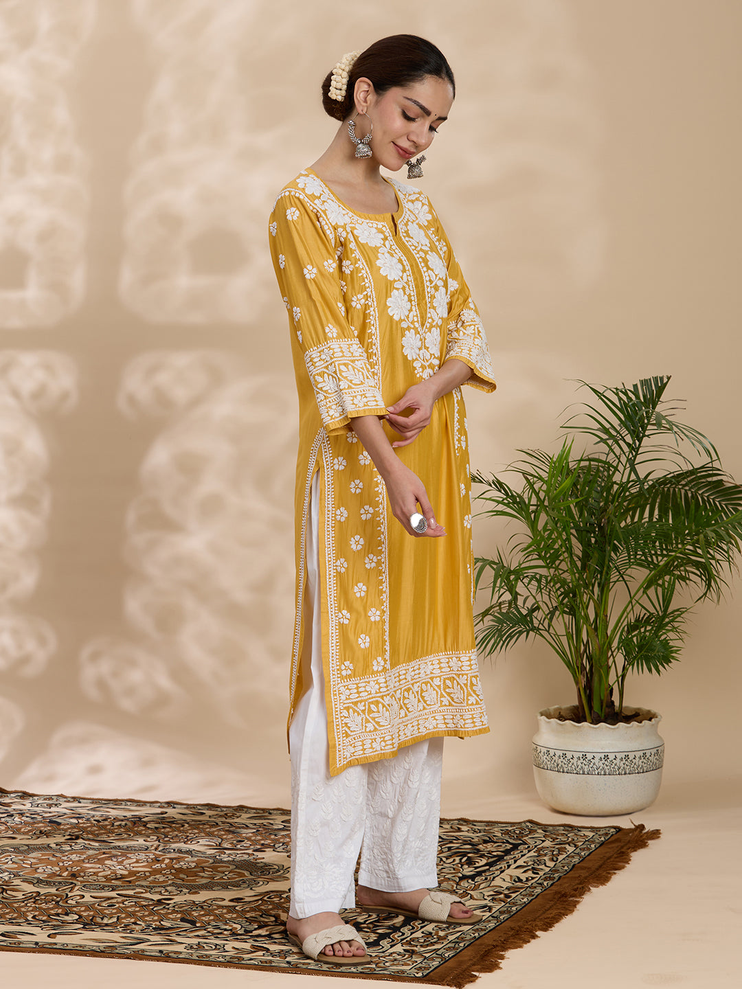 Chanderi Chikankari Solid Women's Long Kurta - Mustard