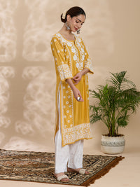 Chanderi Chikankari Solid Women's Long Kurta - Mustard