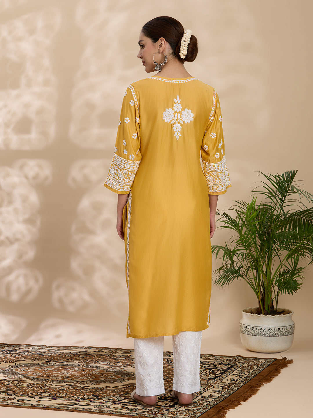 Chanderi Chikankari Solid Women's Long Kurta - Mustard