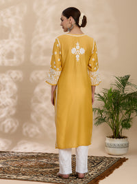 Chanderi Chikankari Solid Women's Long Kurta - Mustard