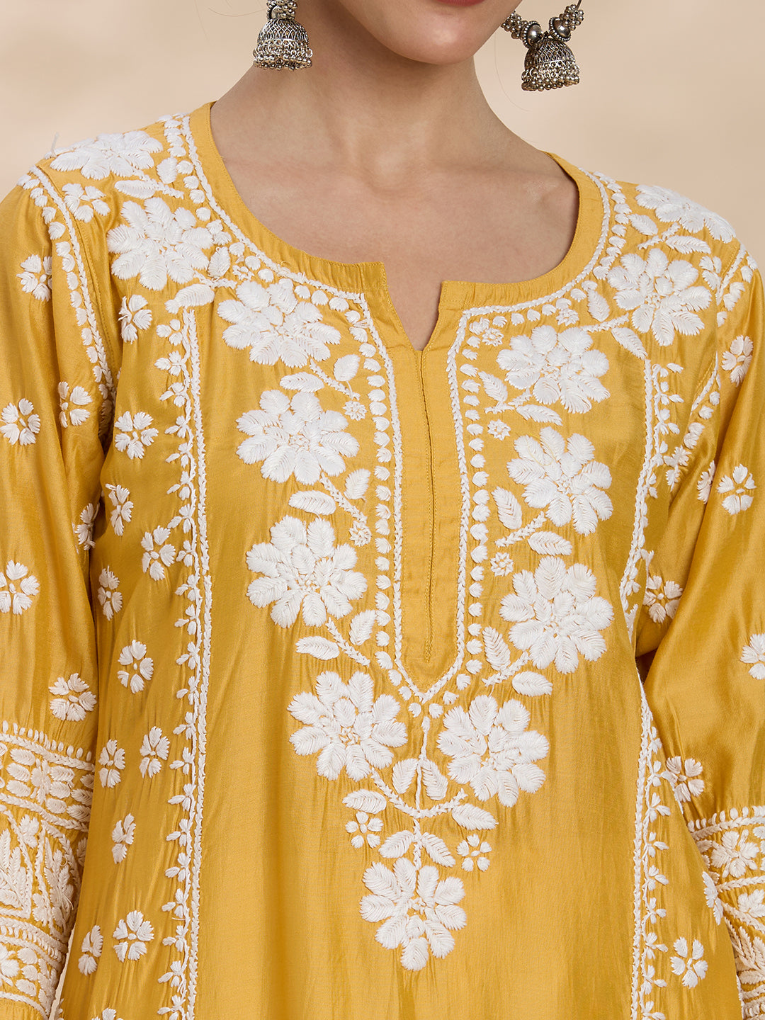 Chanderi Chikankari Solid Women's Long Kurta - Mustard