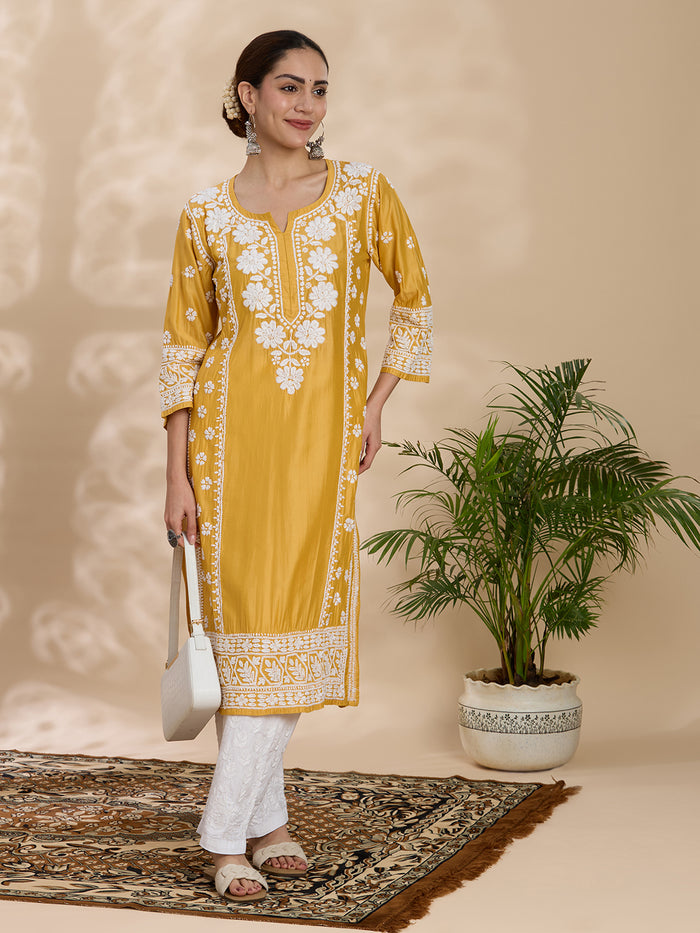 Chanderi Chikankari Solid Women's Long Kurta - Mustard