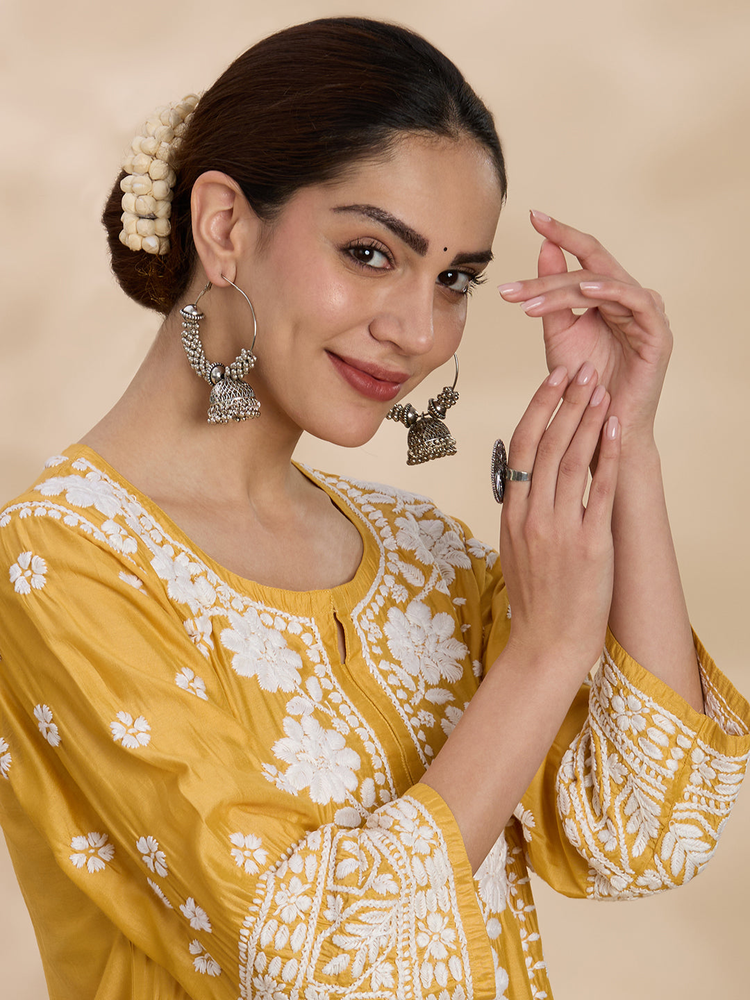 Chanderi Chikankari Solid Women's Long Kurta - Mustard