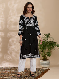 Rayon Chikankari Solid Women's Long Kurta - Black