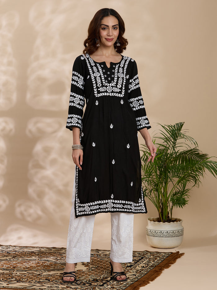 Rayon Chikankari Solid Women's Long Kurta - Black