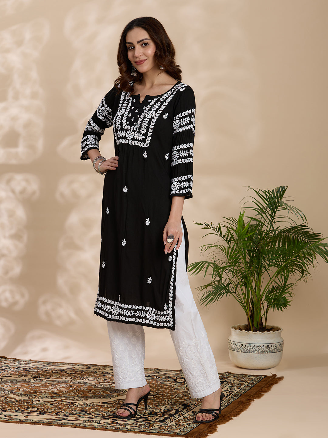 Rayon Chikankari Solid Women's Long Kurta - Black