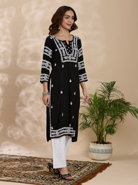 Rayon Chikankari Solid Women's Long Kurta - Black
