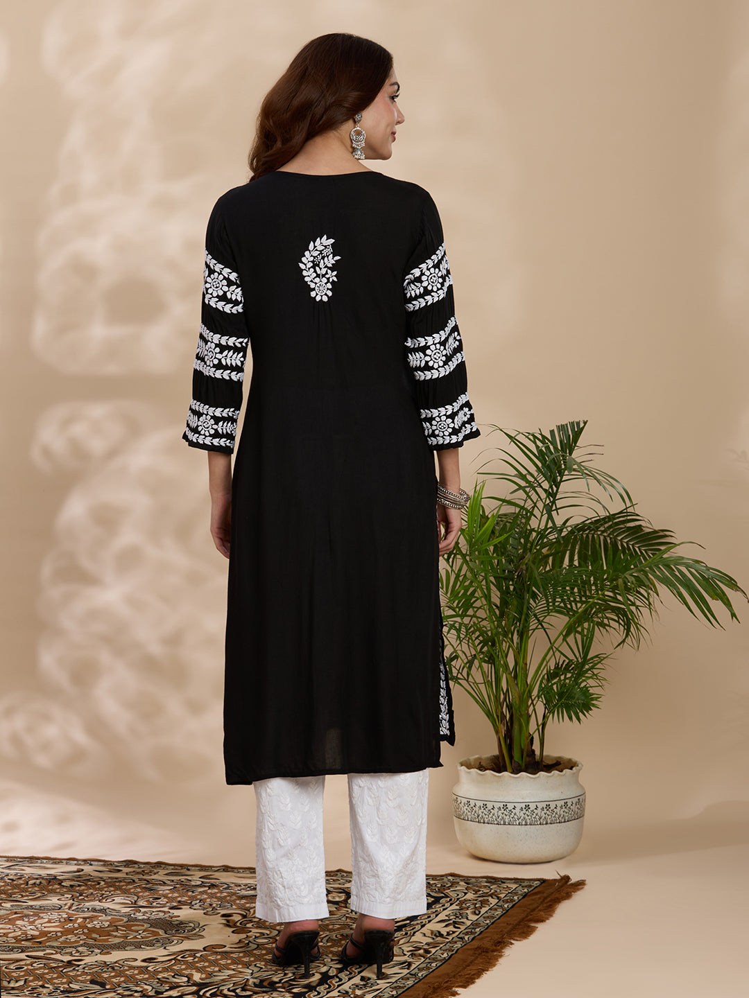 Rayon Chikankari Solid Women's Long Kurta - Black