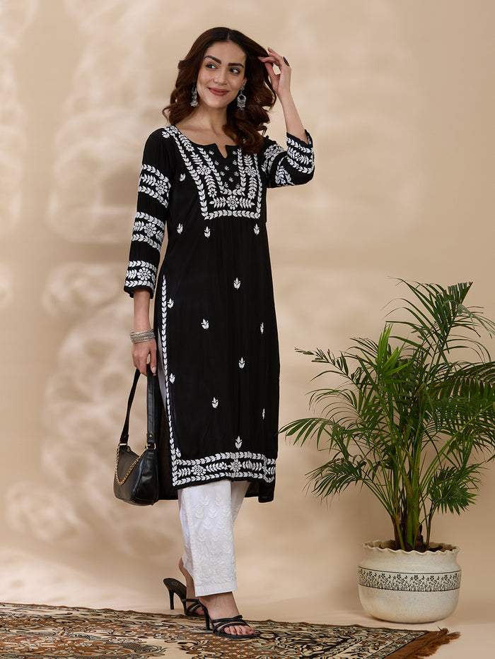 Rayon Chikankari Solid Women's Long Kurta - Black